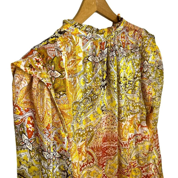 RACHEL ZOE Paisley Boho Print Metallic Stripe V Neck Popover Blouse - Picture 5 of 9